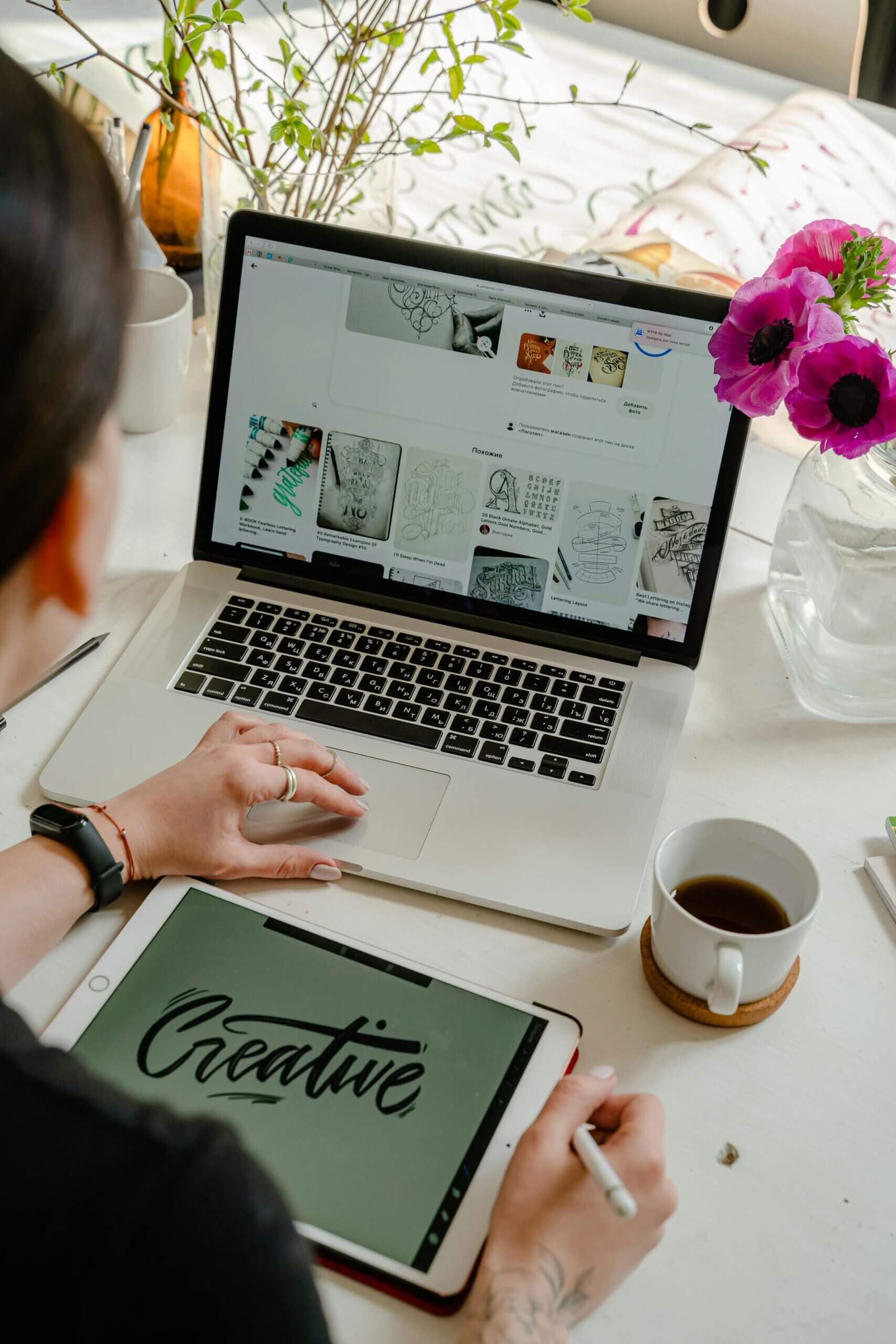 A responsive entrepreneur showcasing business plan with a sale funnel on a laptop