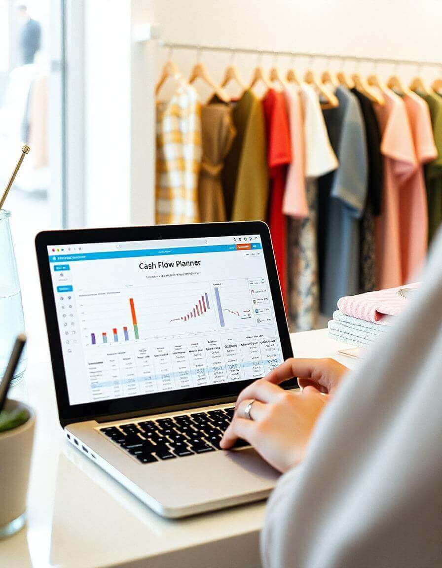 Mid-sized clothing boutique using a cash flow planner on a laptop to manage finances, leading to improved cash flow visibility, financial stability, and increased profitability