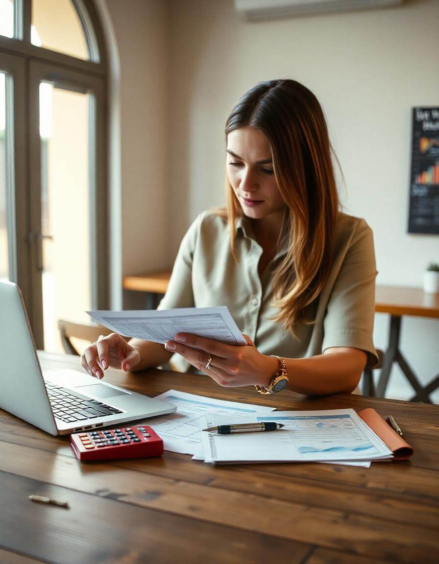 A small business owner reviewing a budgeting essentials on a laptop, with financial documents and a calculator on the table.