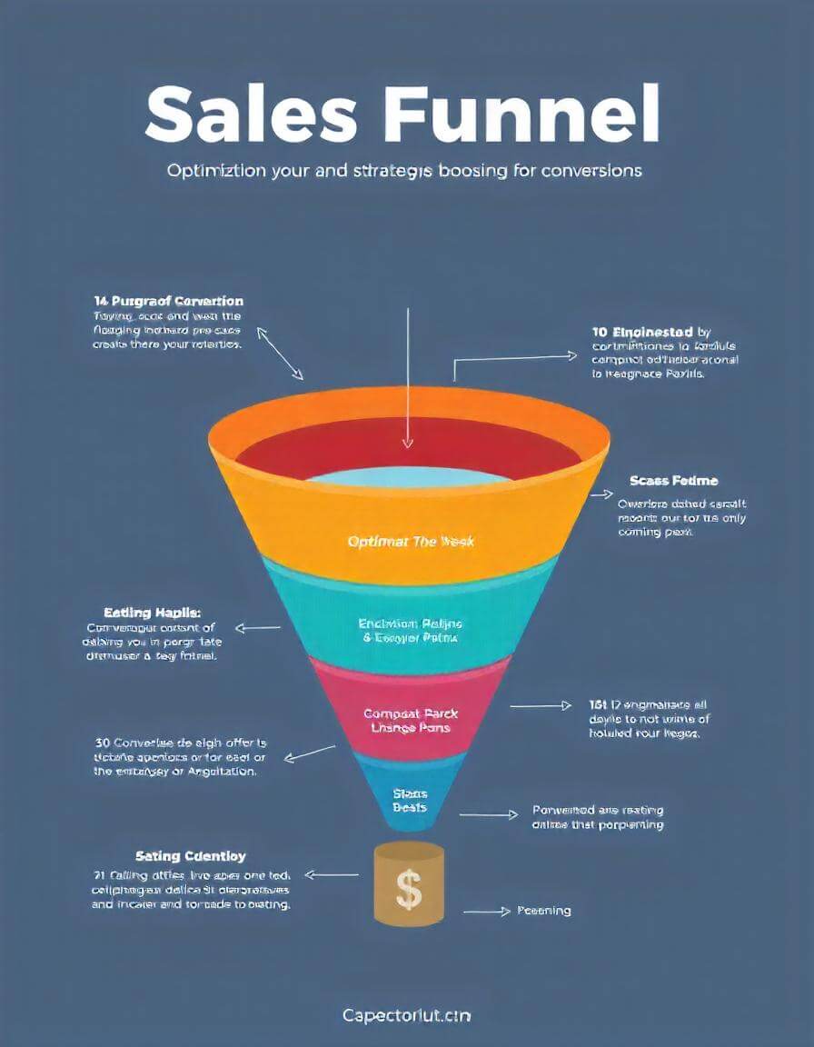 Diagram showing the stages of a sales funnel with optimization strategies for boosting conversions