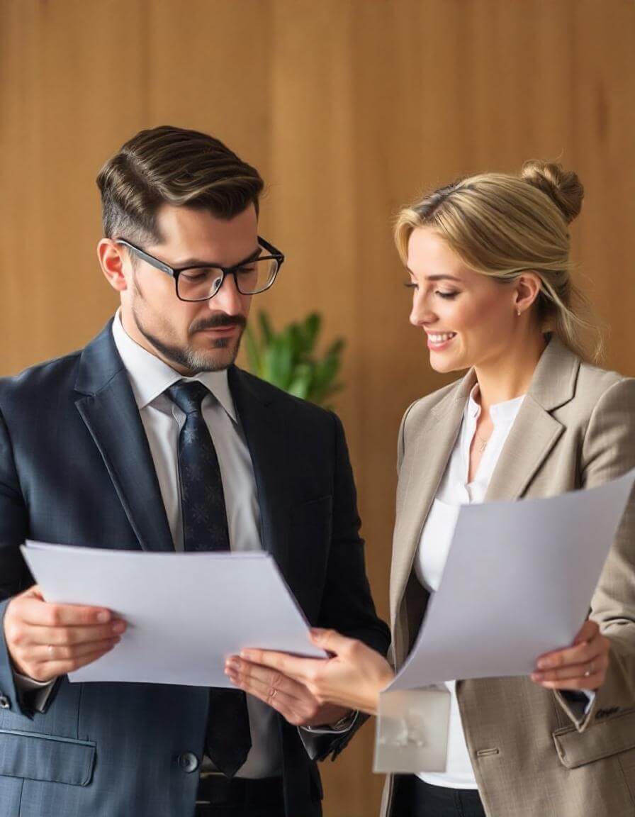 Small business owner discussing legal expenses with a lawyer, reviewing business contracts and legal documents