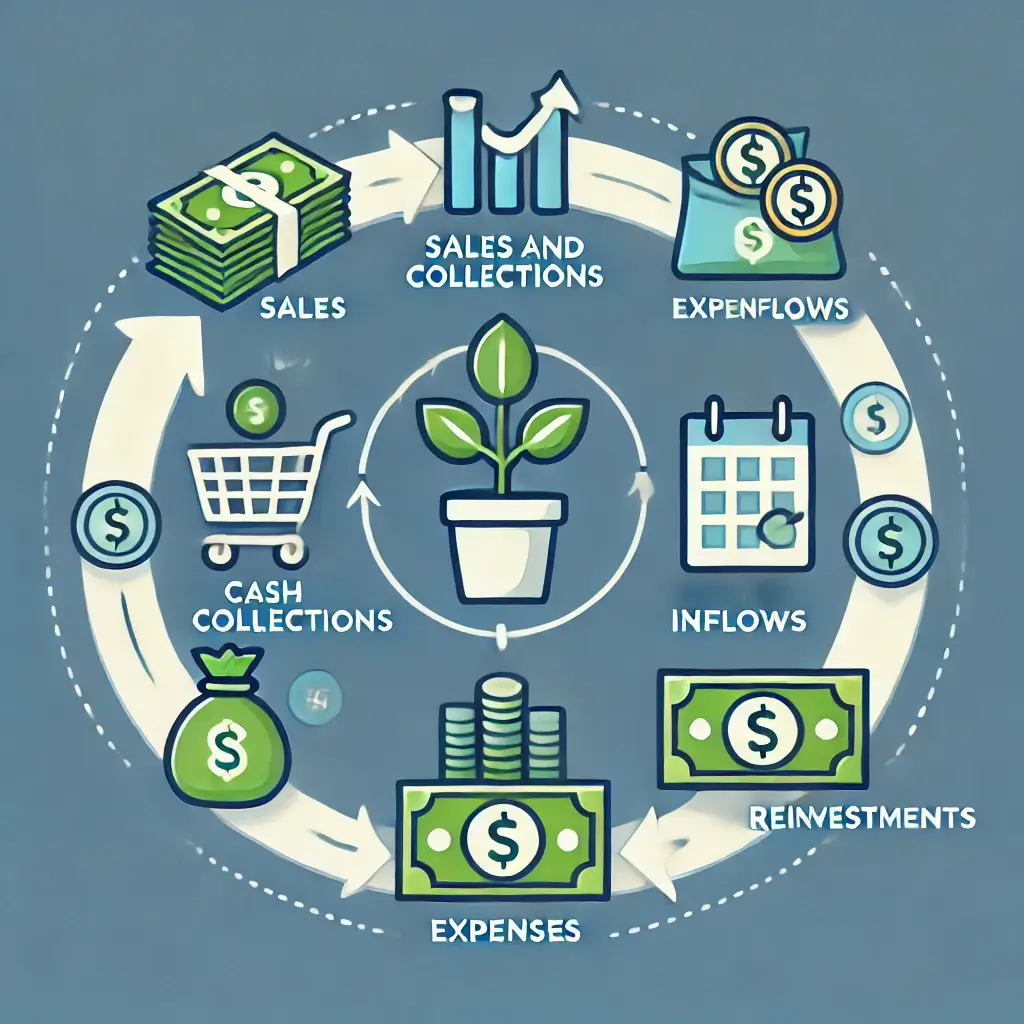 Simplified diagram showing the cash flow cycle, from sales and collections to expenses and reinvestments in a small business.