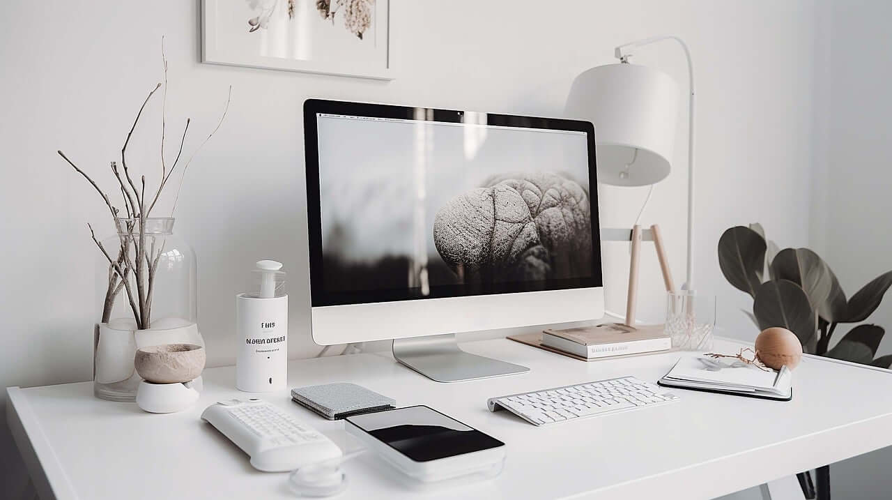 A neatly organized home office with a laptop, notebook, and coffee cup, illustrating the rise of remote work environments