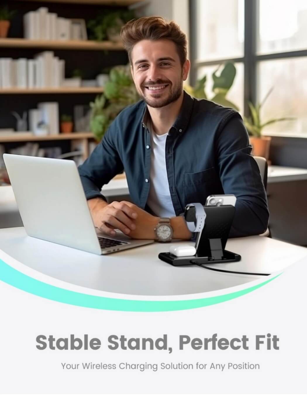 Wireless charging station on a desk with multiple devices charging, symbolizing productivity and organization for entrepreneurs.