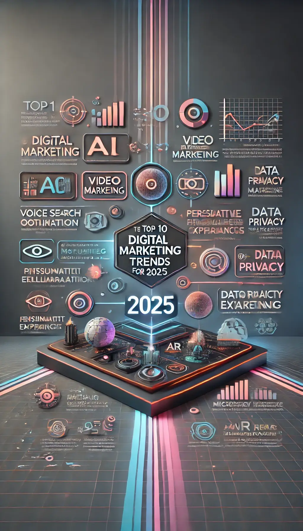 Infographic showing top 10 Digital Marketing Trends for 2025, including AI, voice search, and video marketing