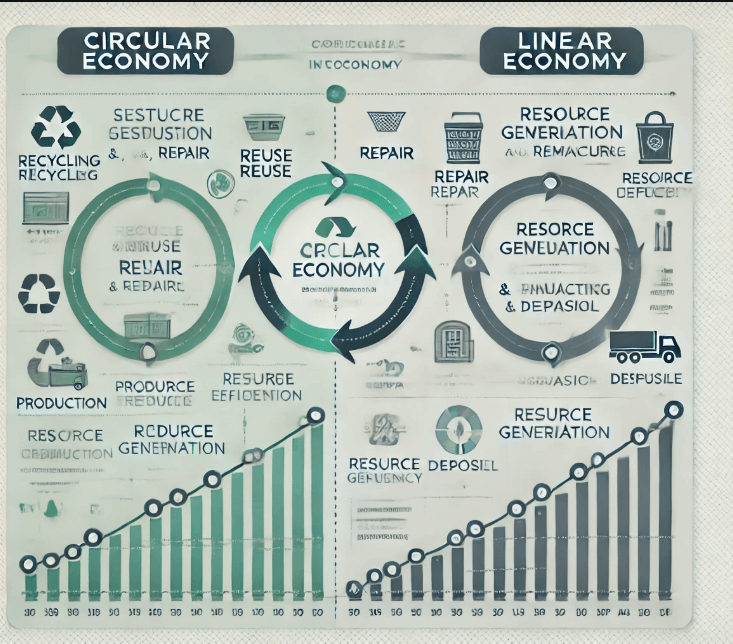 Comparison of Circular and Linear Economy Models with Infographic Arrows