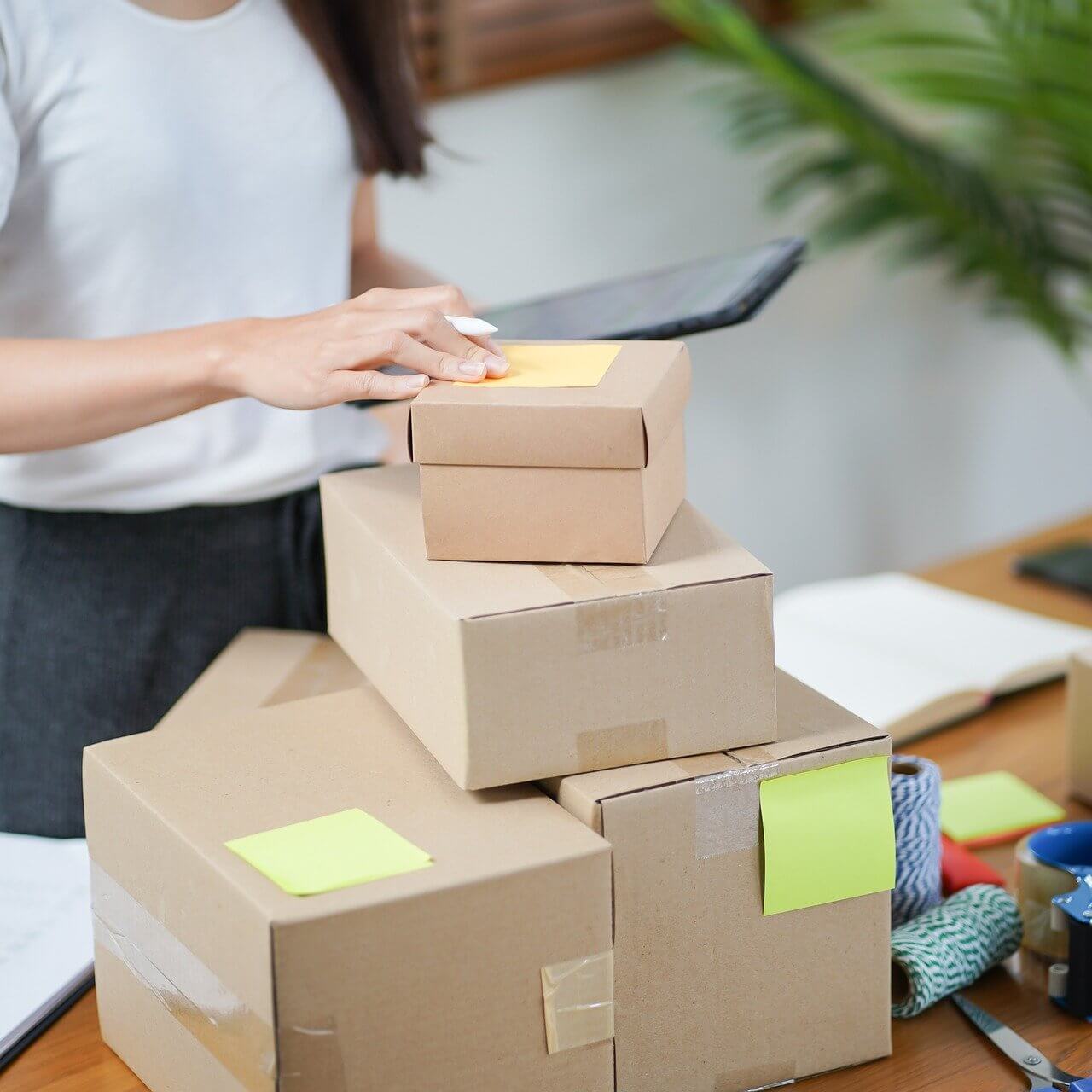 Abusiness owner unboxing products in eco-friendly packaging, demonstrating a commitment to sustainability."