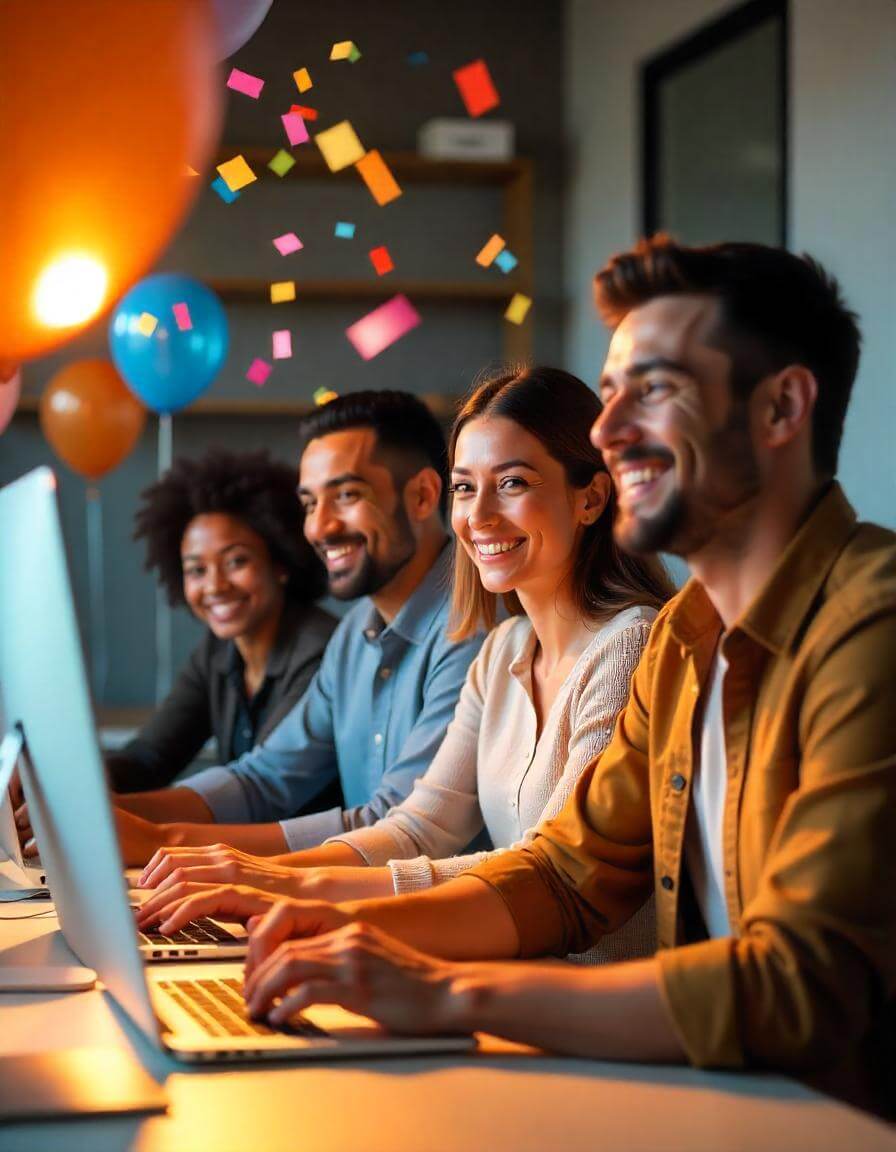 Team celebrating small wins in a virtual meeting with joyful expressions and a confetti background