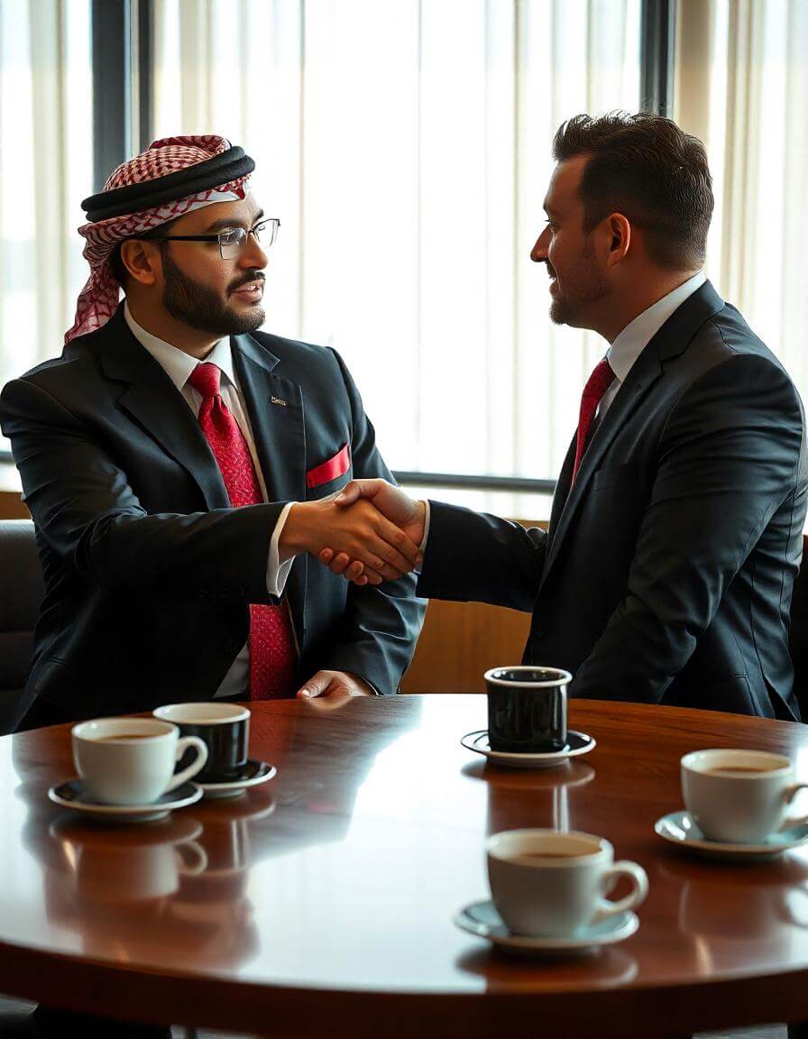 Business professionals demonstrating self-confidence in business negotiations with a firm handshake and positive body language