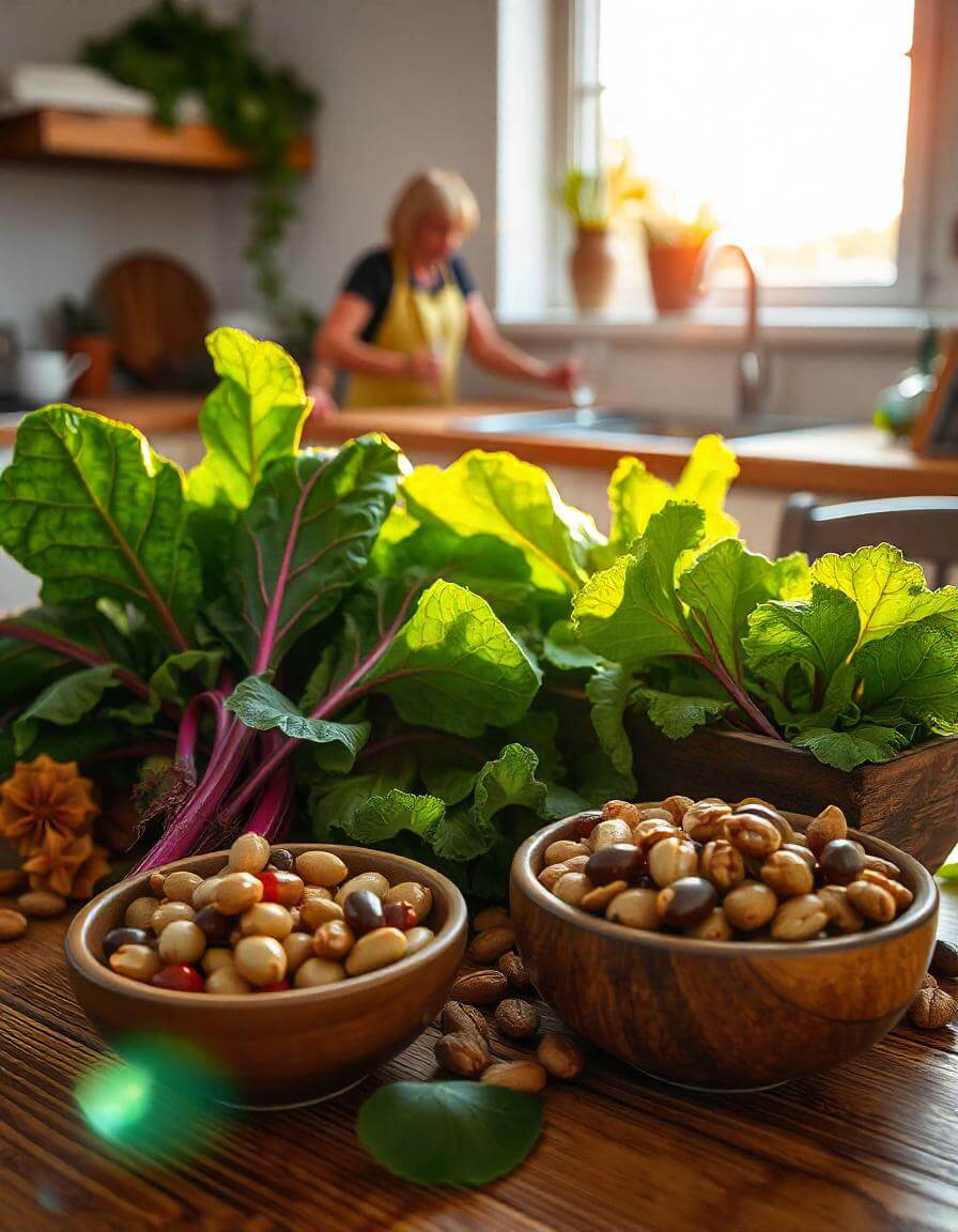 Fresh Plant-Based Products - foods like leafy greens, legumes, and nuts arranged on a wooden table for eco-friendly lifestyle choices