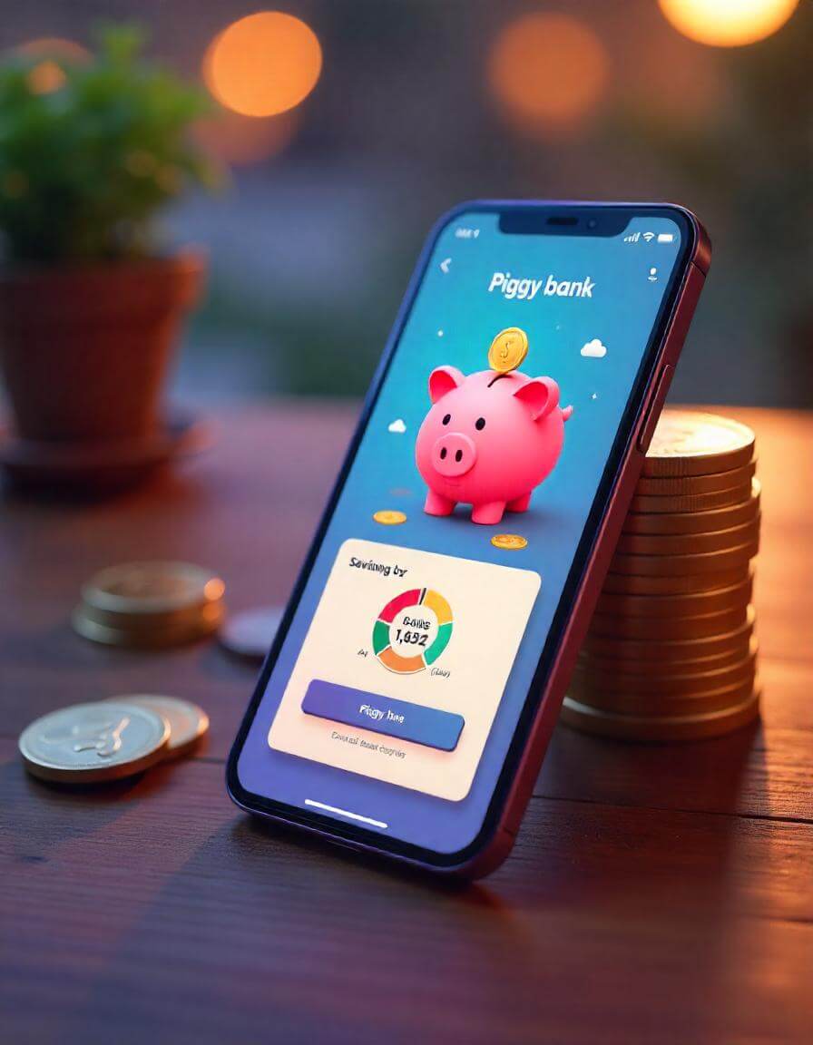 A smartphone displaying a Digital Piggy Bank app with coins and savings goals