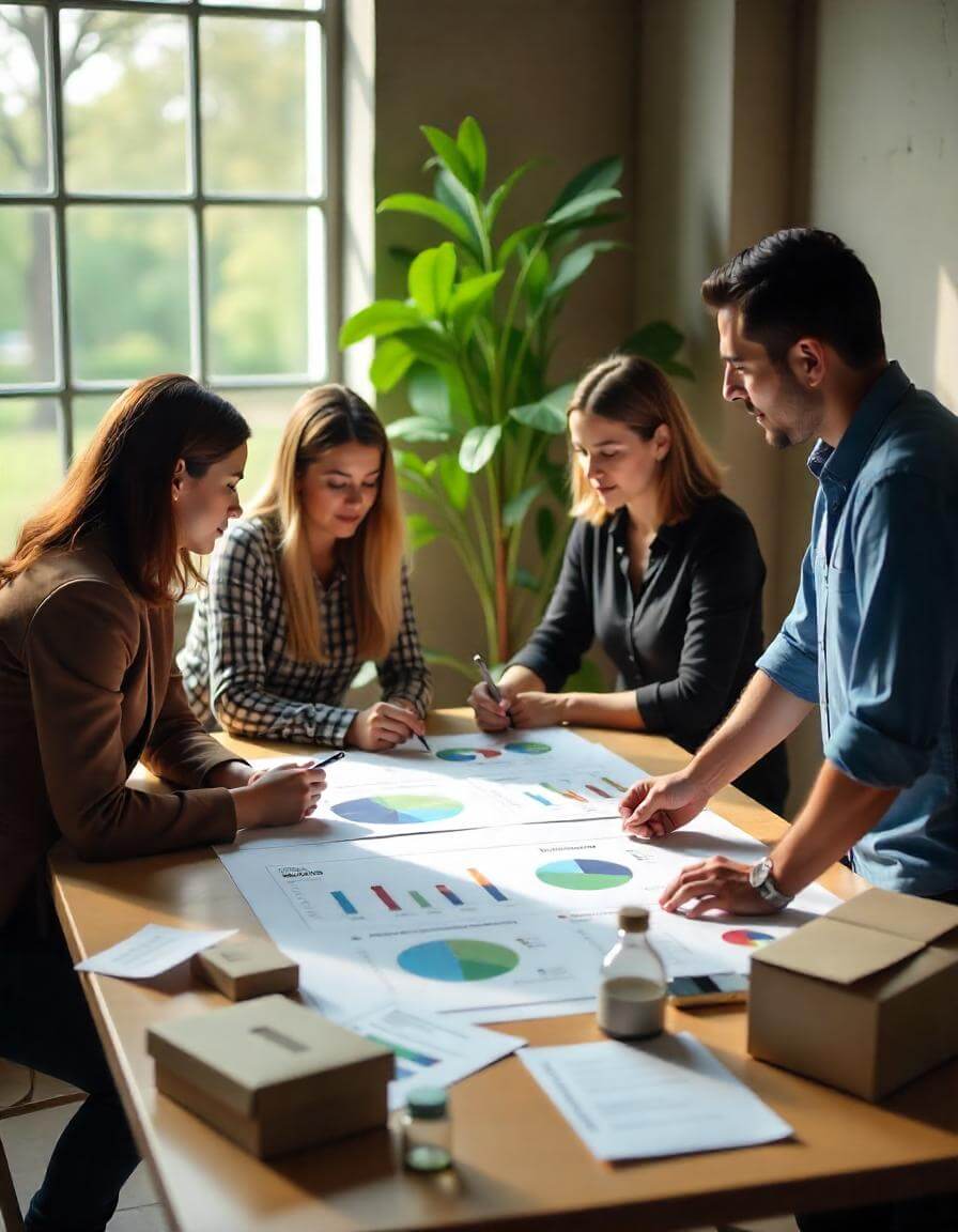 Team conducting a zero-waste audit with charts and recyclable materials on a table