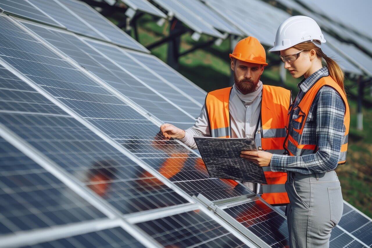 Illustration of solar panels and wind turbines under a sunny sky representing renewable energy sources for businesses