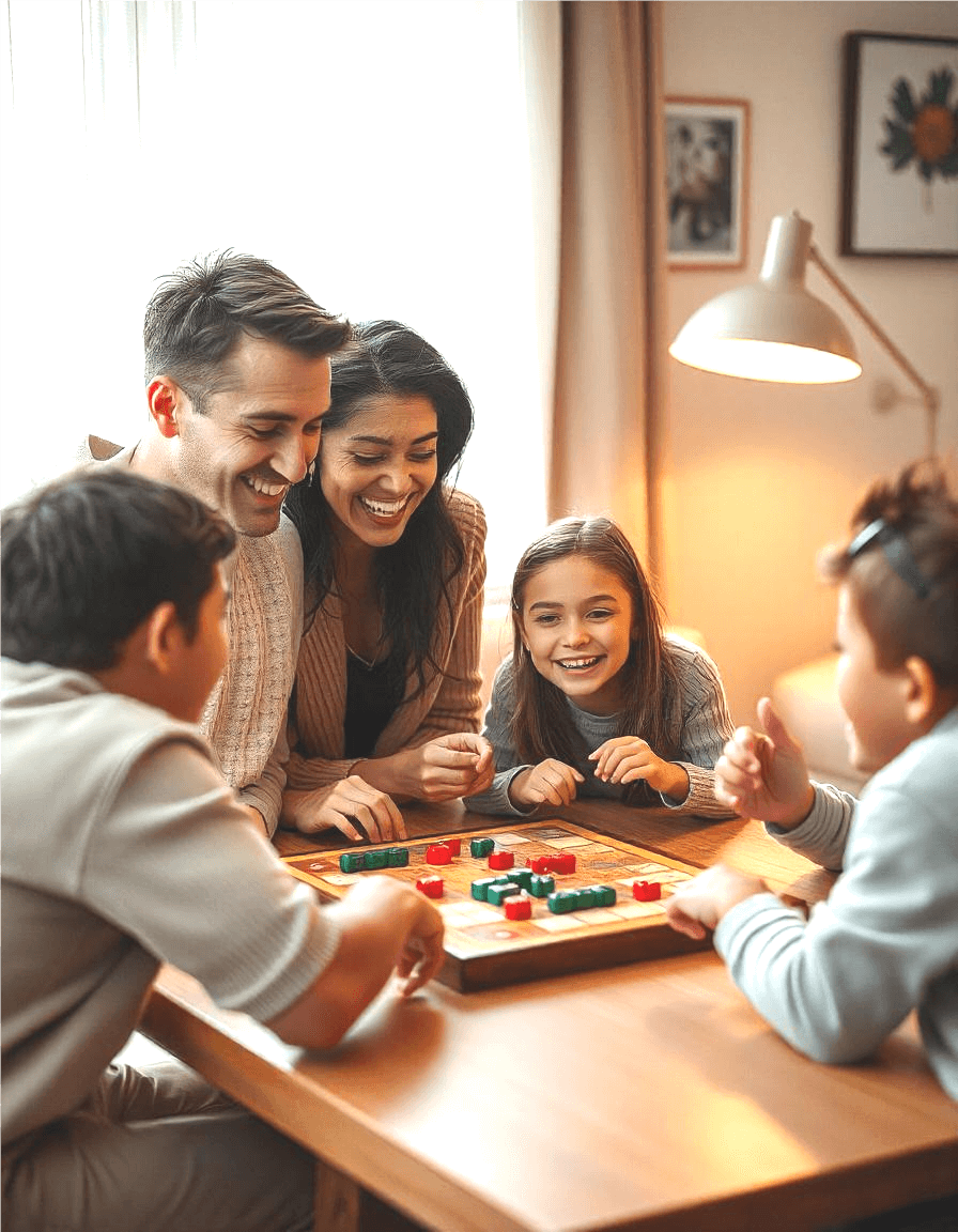 A happy family bonding during a group activity, showcasing how family helps build resilience in tough times.