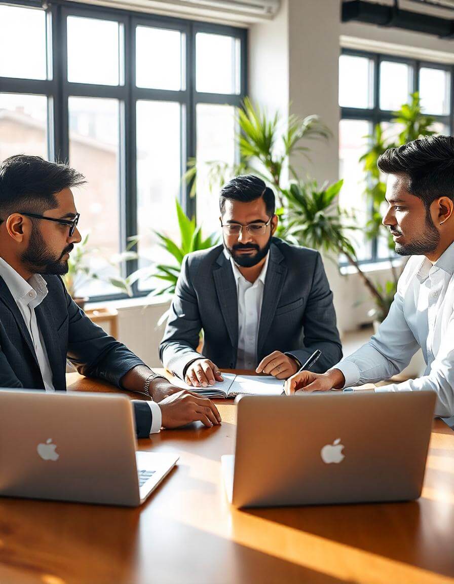 Leaders discussing a strategic Business Succession Planning in a modern office setting