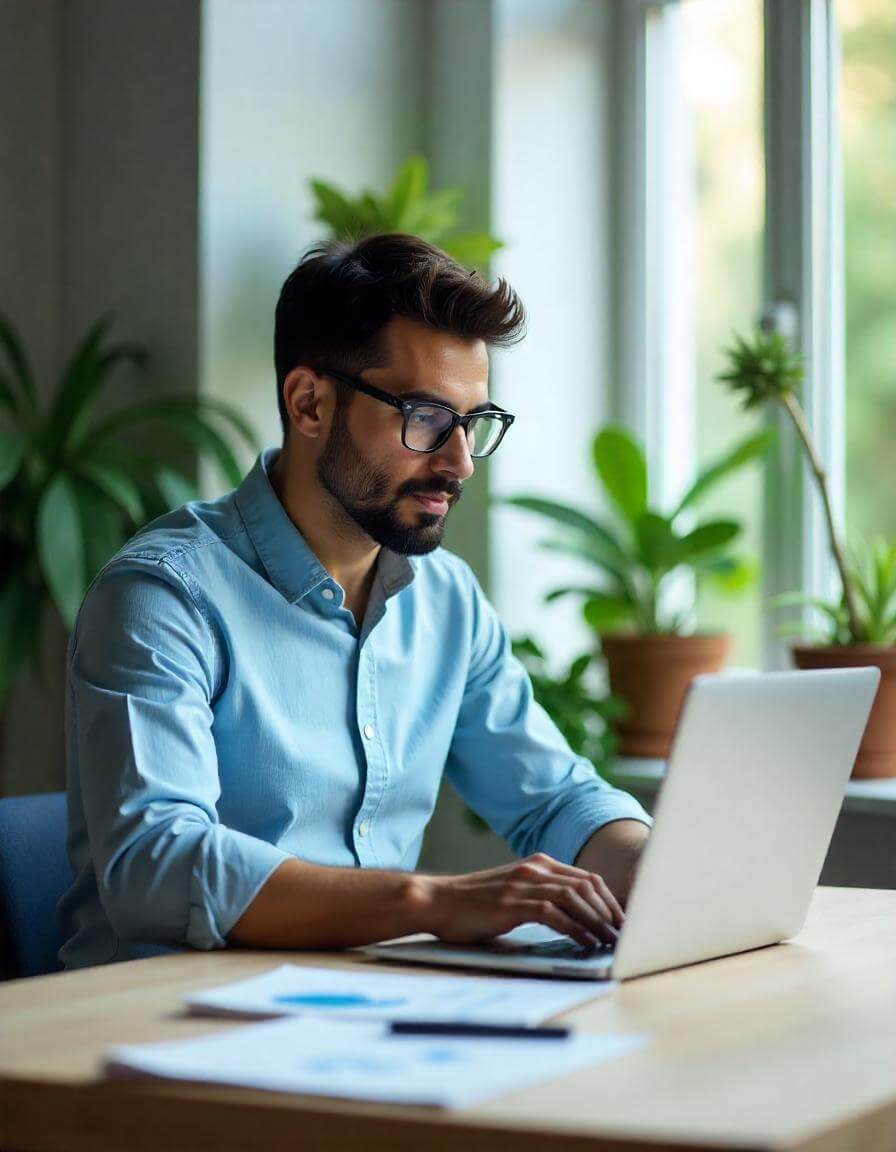 A person researching sustainable companies to invest in 2025 for financial and environmental impact