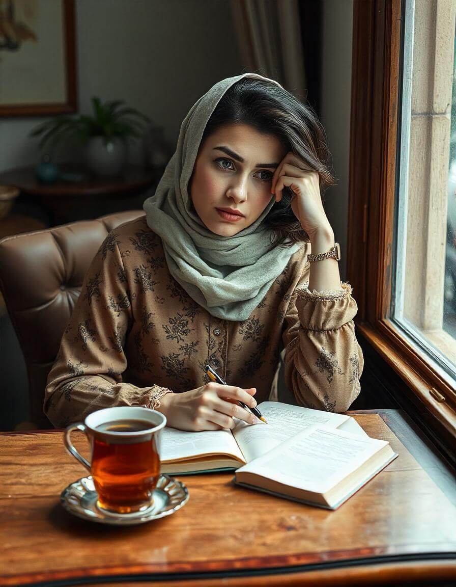 Frustrated woman sitting at a desk with an open journal and pen, reflecting on why journaling isn’t helping you