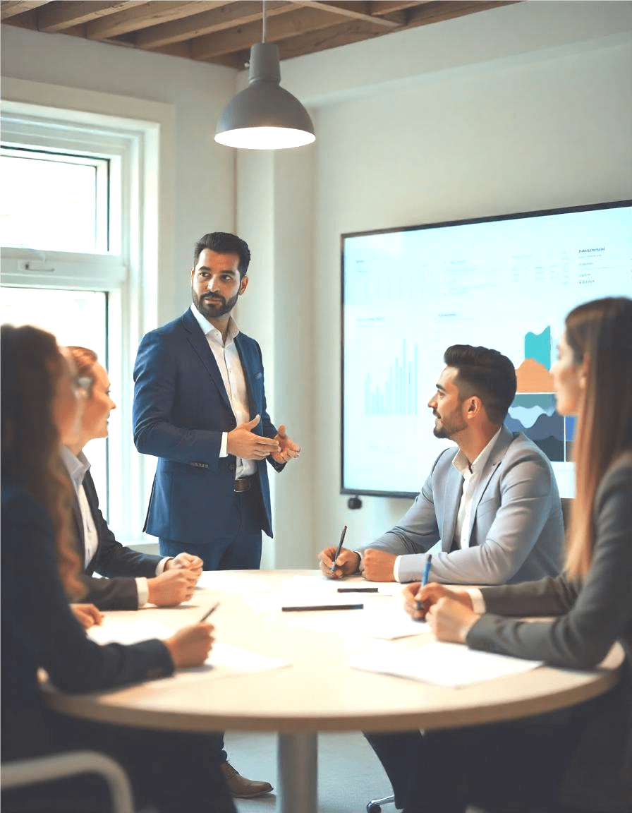 Authoritative leadership inspiring a diverse team – A confident leader guiding a group of team members during a brainstorming session