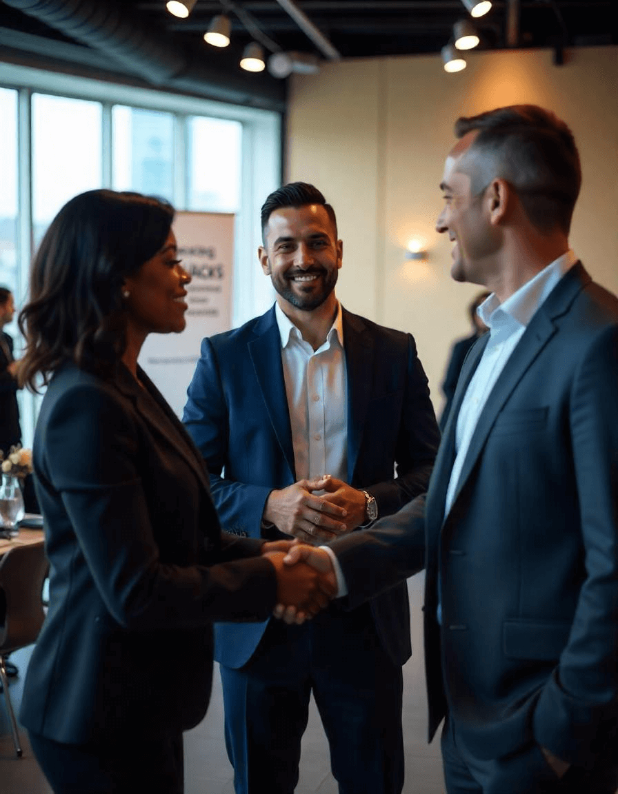 Business professionals shaking hands at a networking event – "Networking Hacks: Build genuine connections for business growth.