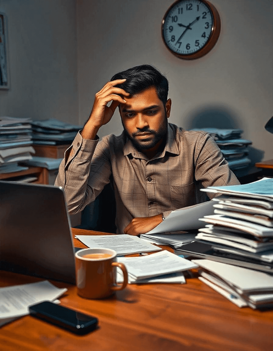 Entrepreneur feeling overwhelmed at a desk, symbolizing the stress factory cycle