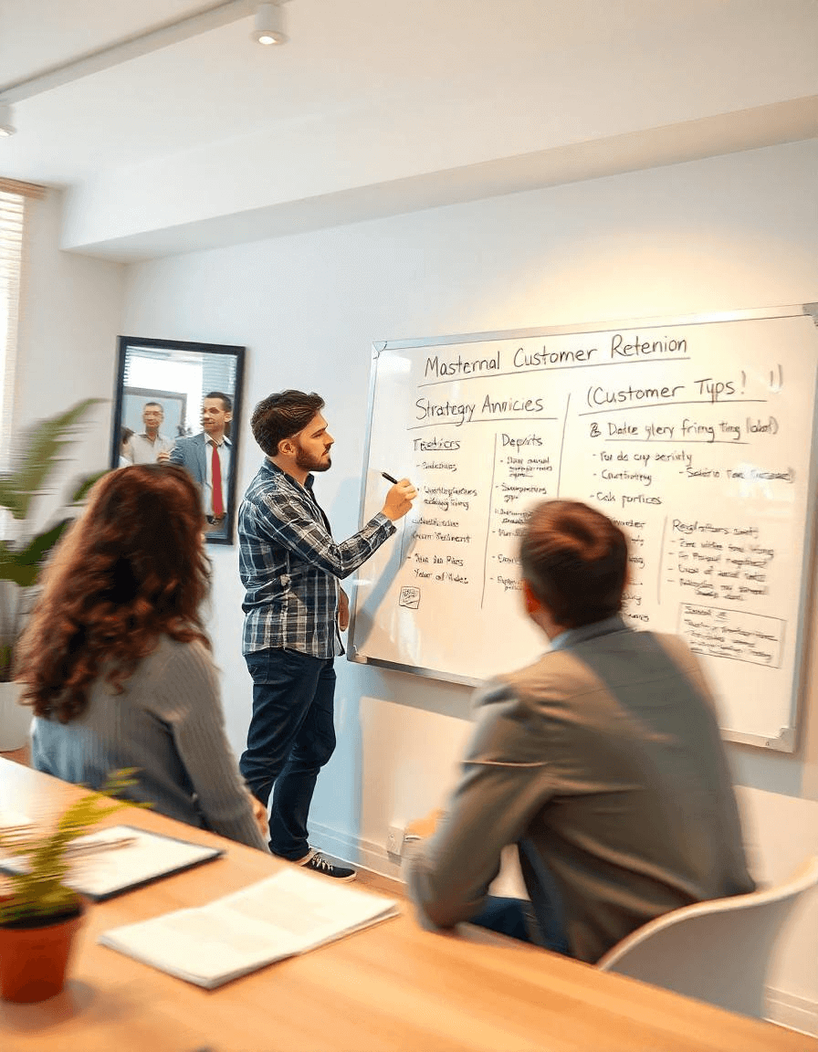 A startup team analyzing strategies for mastering customer retention on a whiteboard