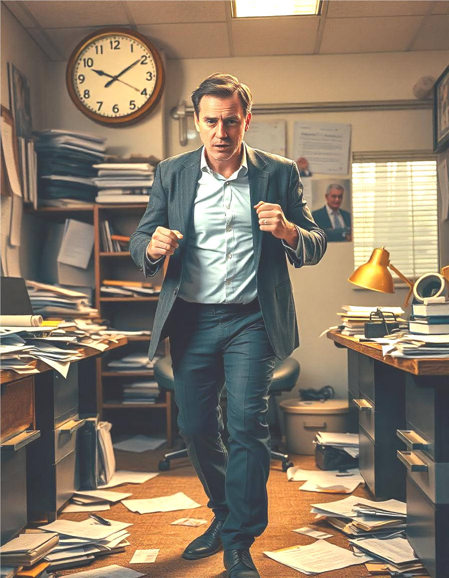 A stressed business owner surrounded by papers and missed deadlines, highlighting the impact of poor time management