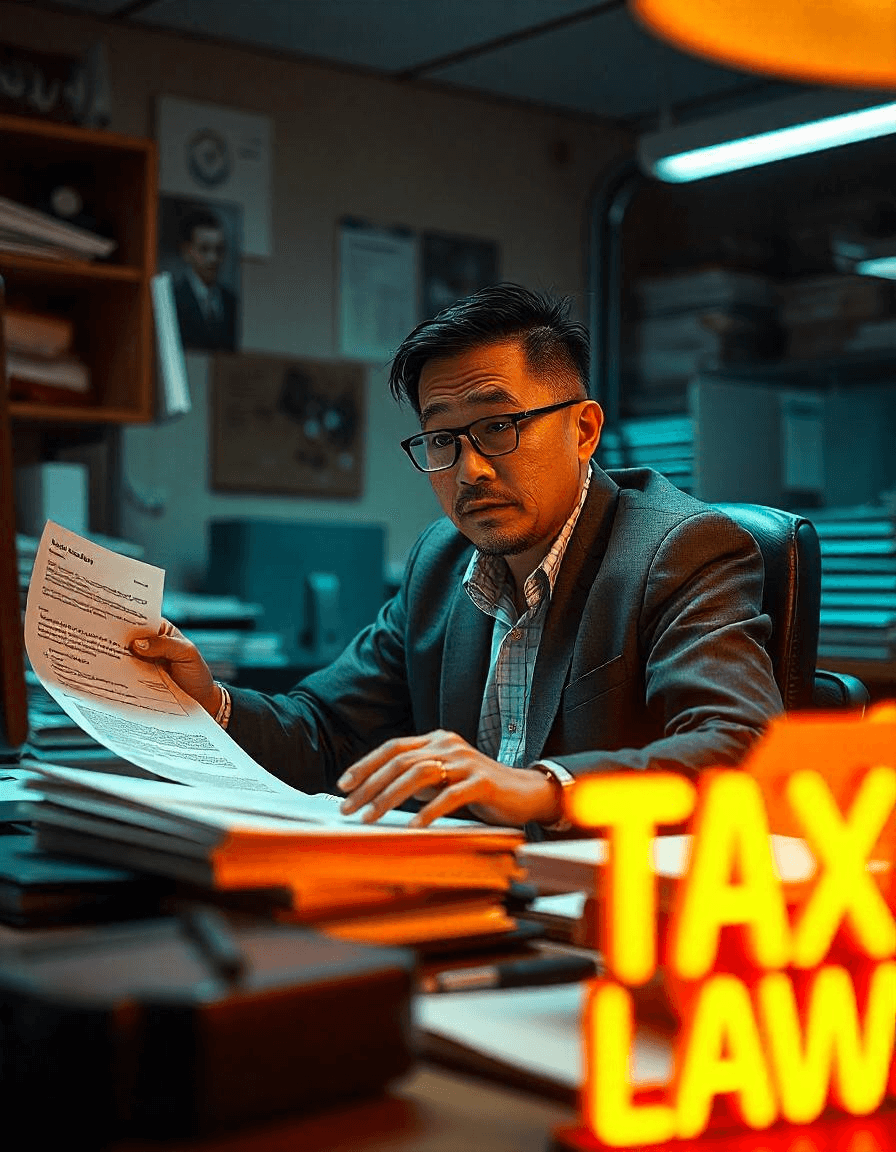 A frustrated small business owner surrounded by paperwork, highlighting challenges posed by Dallas tax laws