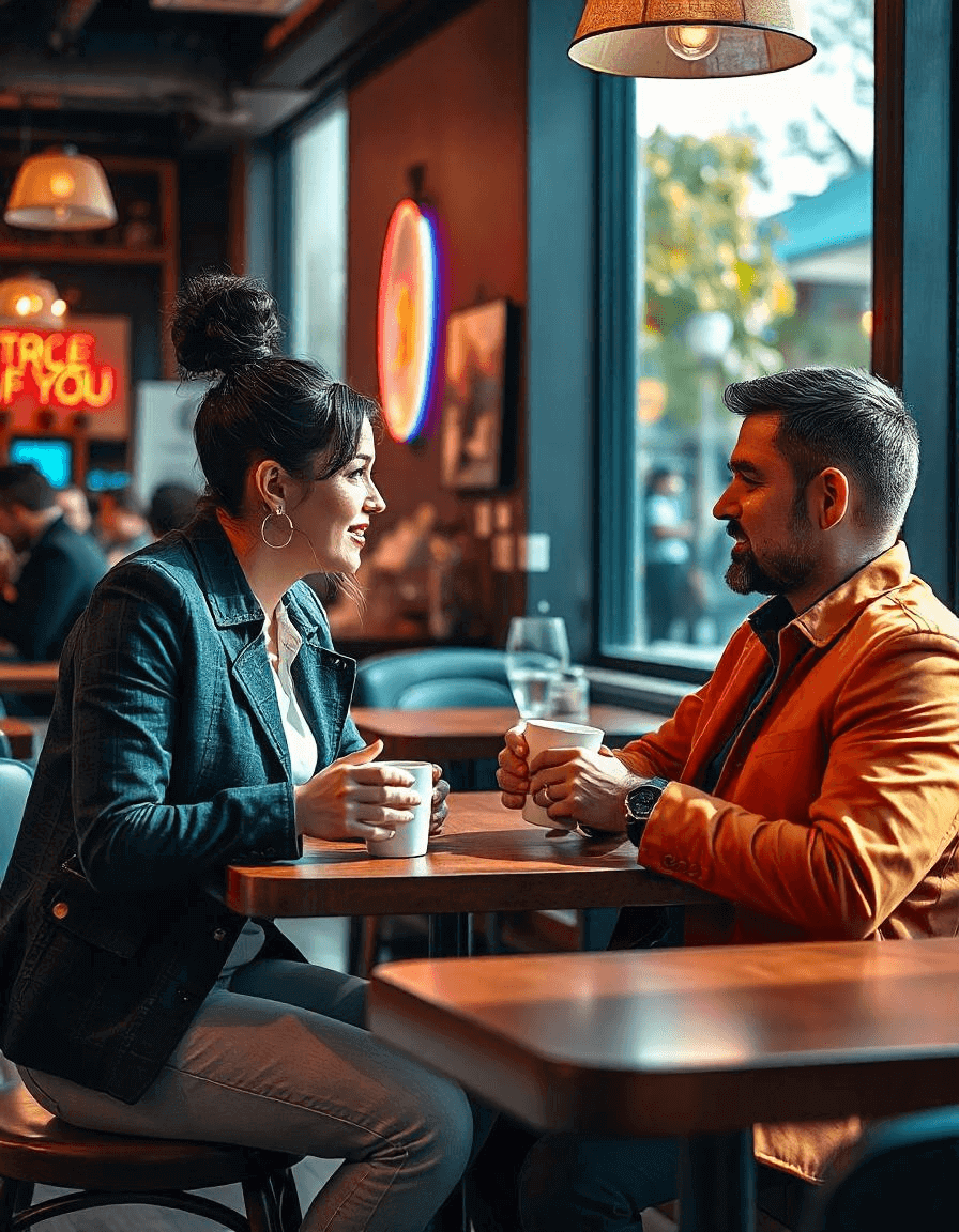 An introverted entrepreneur having a one-on-one conversation at a coffee shop, showcasing how to network like a pro in a relaxed setting