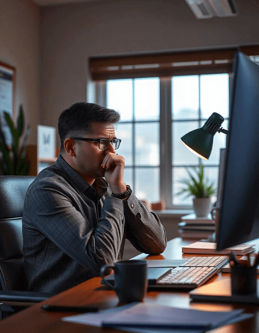 A frustrated entrepreneur at a desk, symbolizing common mistakes new entrepreneurs make and the need for better planning.