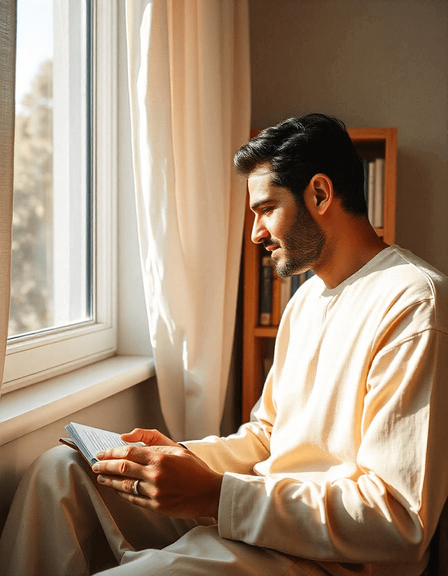 A person practicing gratitude as part of their morning habits, sitting peacefully by a window with a journal.