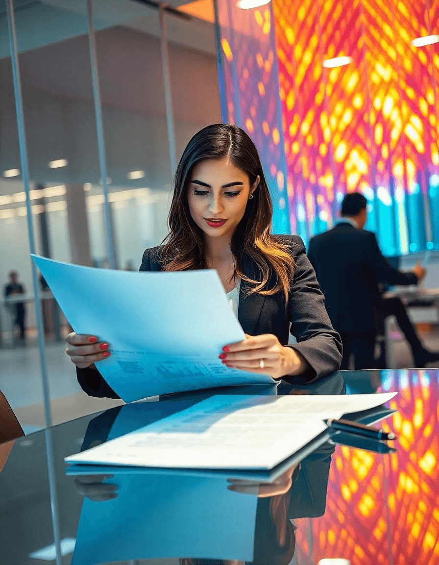 A business professional reviewing a business plan document on a desk, symbolizing strategy and planning