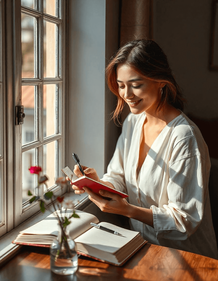 Woman sitting by the window, journaling with a smile – Embracing mindfulness and self-awareness through The Power of Journaling.